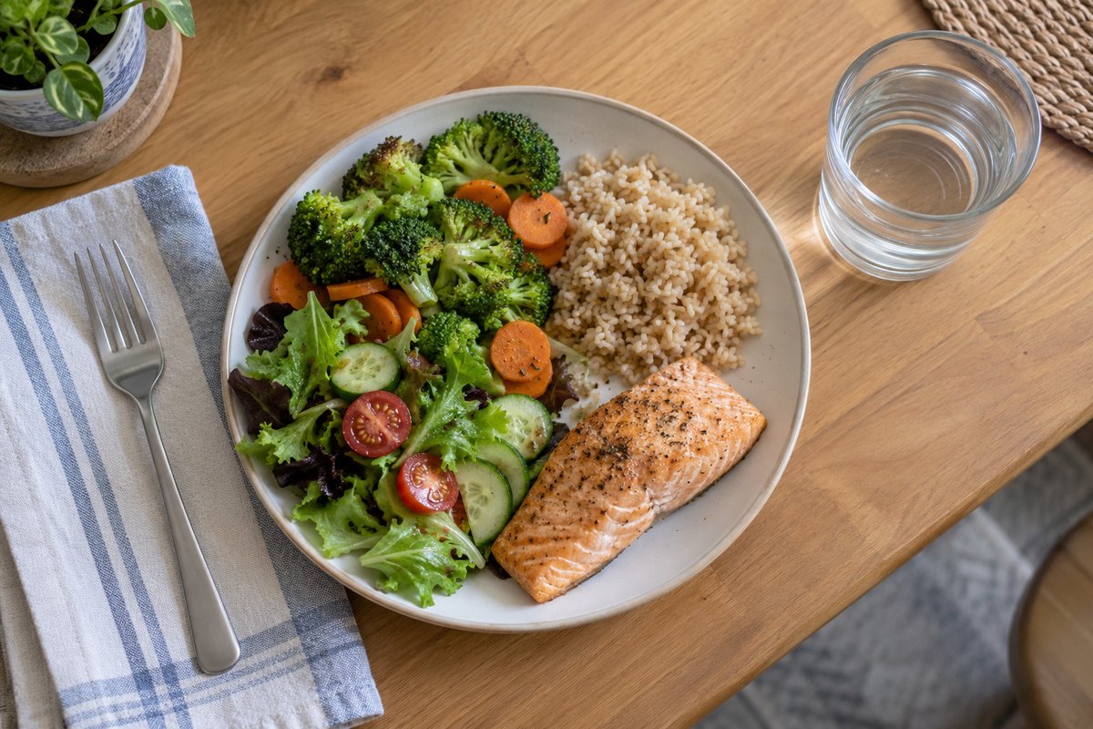 Assiette vue de haut : moitié brocoli, carottes et salade, un quart de riz brun, un quart de saumon cuit au four, verre d’eau à côté.