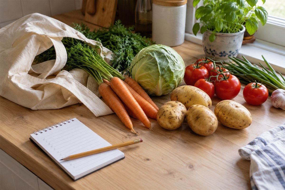 Légumes, carnet de liste d’épicerie et crayon sur un comptoir de cuisine éclairé par une fenêtre.