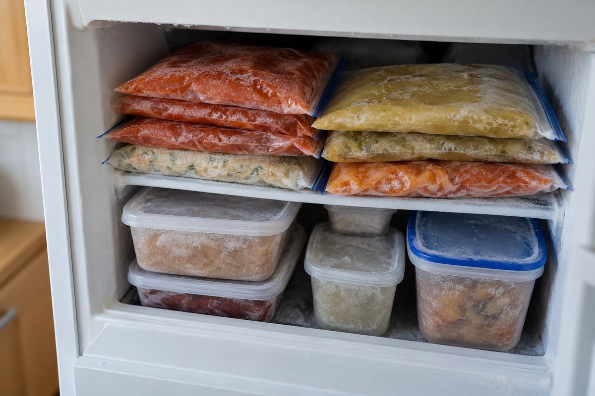 Congélateur ouvert avec des sacs de soupe et de sauce congelés à plat et des contenants givrés.