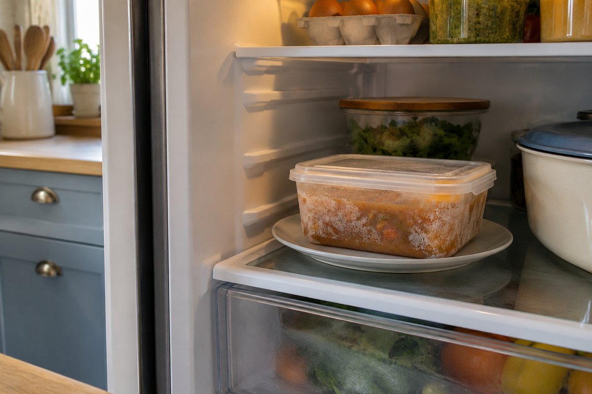 Contenant de soupe congelée posé sur une assiette, sur la tablette du bas d’un réfrigérateur ouvert.