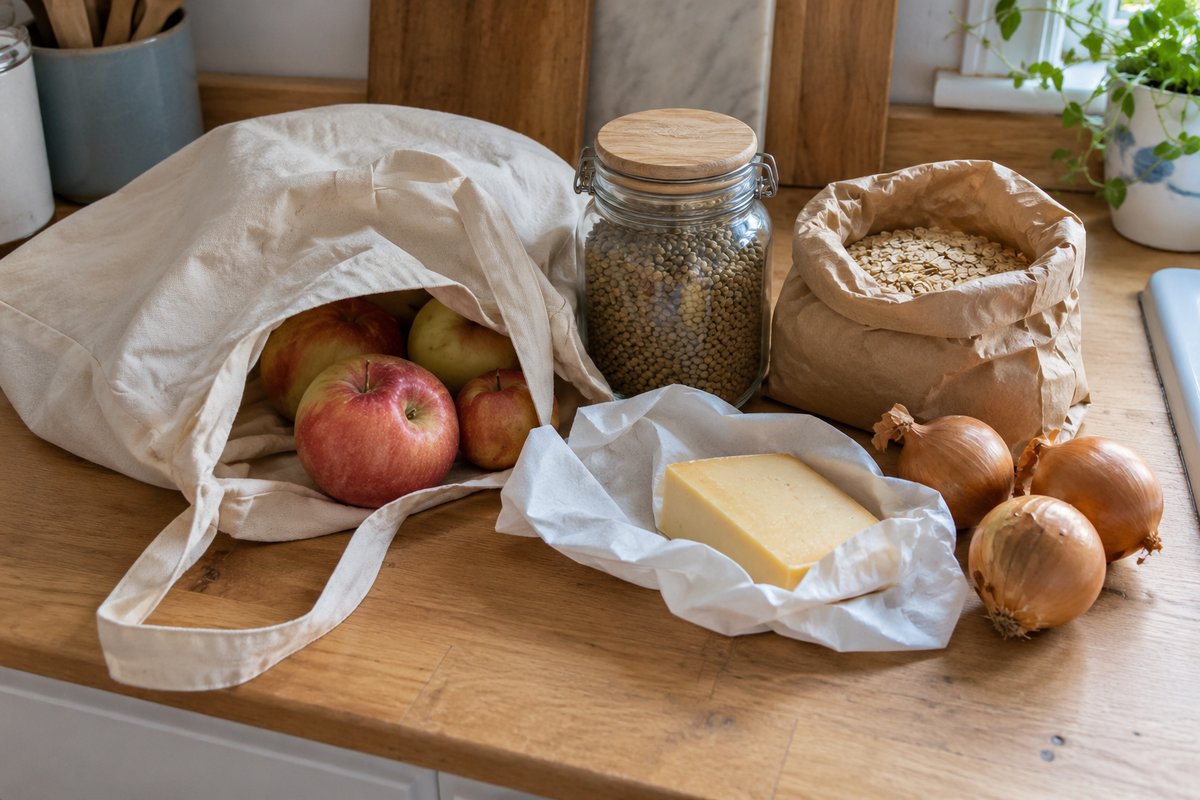 Sac d’épicerie réutilisable déballé sur un comptoir : pommes, oignons, fromage, lentilles et flocons d’avoine.