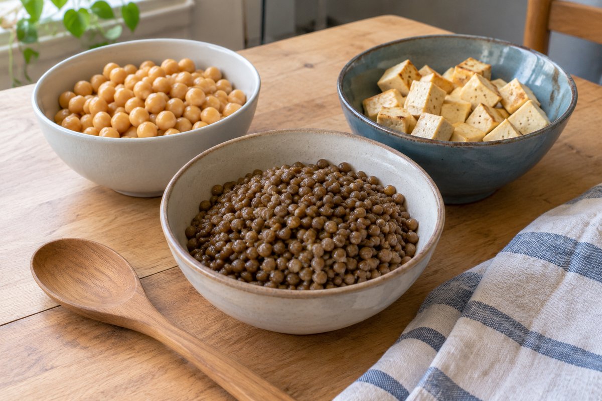 Bols de pois chiches cuits, de lentilles et de cubes de tofu sur une table de cuisine, avec une cuillère de bois.