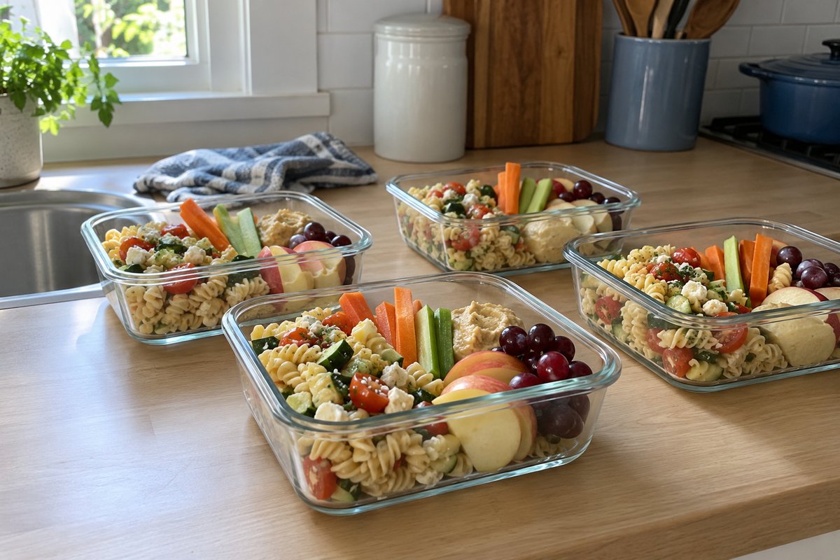 Plusieurs contenants de verre ouverts alignés sur un comptoir, remplis de salade de pâtes, de crudités, de houmous et de fruits.