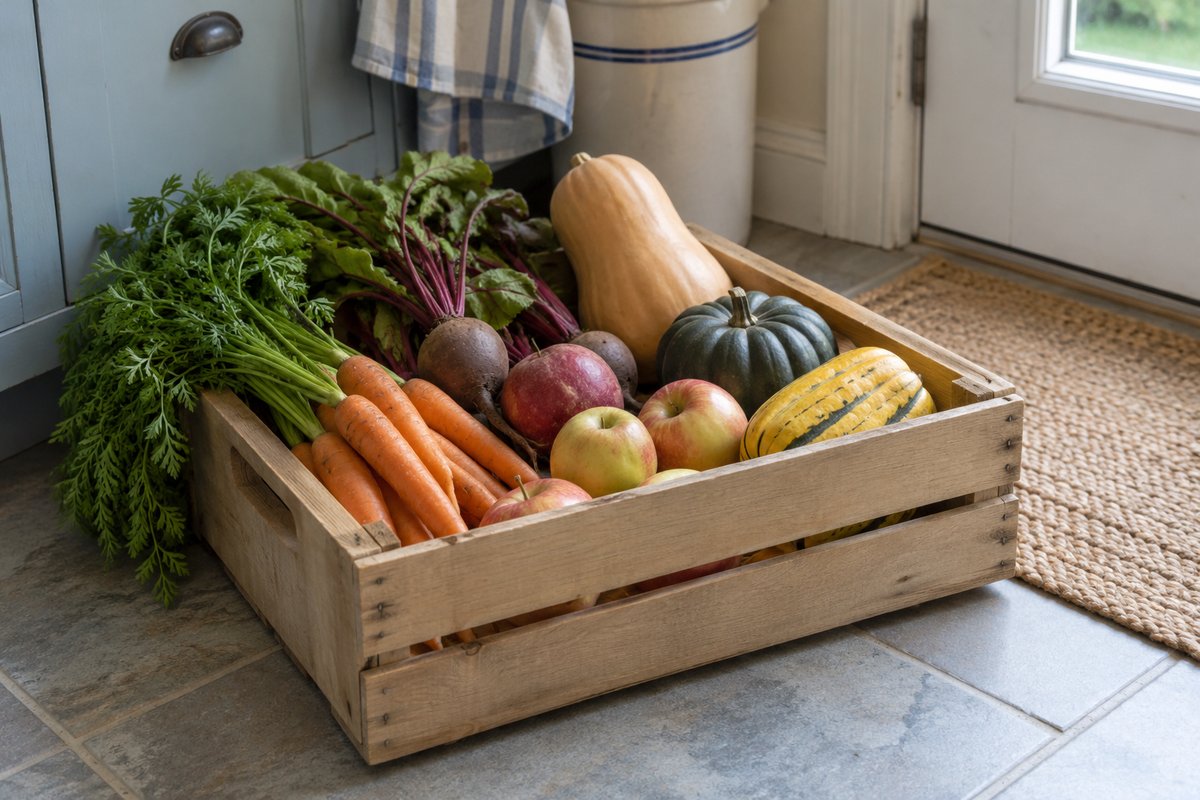 Cageot en bois rempli de courges, de carottes avec leurs fanes, de betteraves et de pommes, posé près de la porte d’une cuisine.