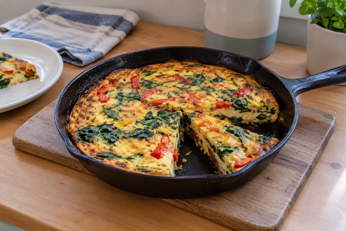 Frittata aux épinards et au poivron rouge dans une poêle en fonte posée sur une planche de bois, quelques pointes déjà coupées.