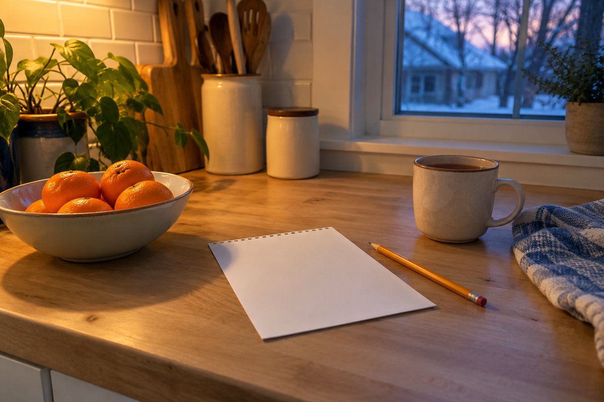 Feuille de papier vierge, crayon, tasse de thé et bol de clémentines sur un comptoir de cuisine en soirée.