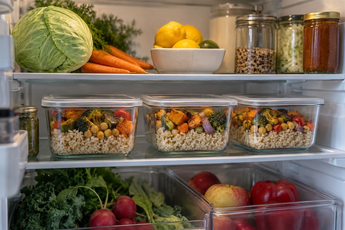 Contenants de riz, de légumes rôtis et de pois chiches rangés dans un réfrigérateur.