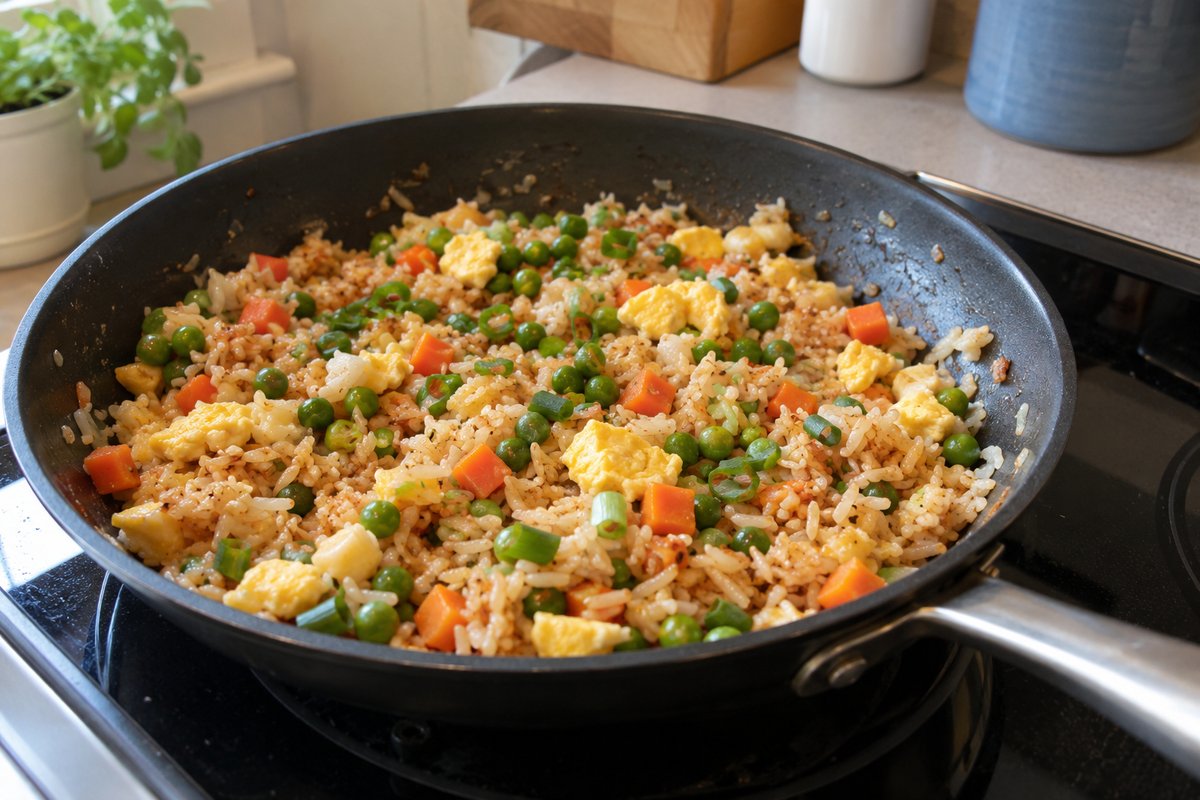 Riz frit aux restes dans une poêle sur la cuisinière, avec des petits pois, des carottes, des morceaux d’œuf et des oignons verts.