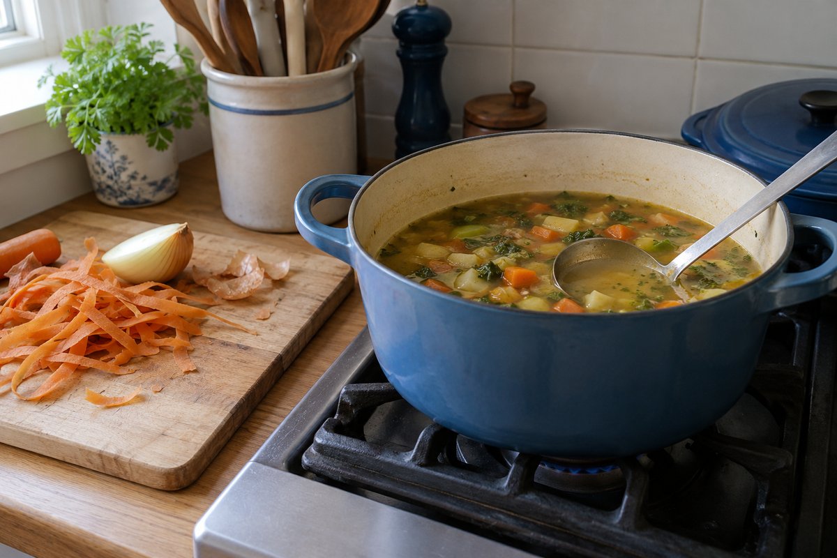 Chaudron de soupe aux légumes maison sur la cuisinière, planche à découper avec pelures de carotte et demi-oignon à côté.