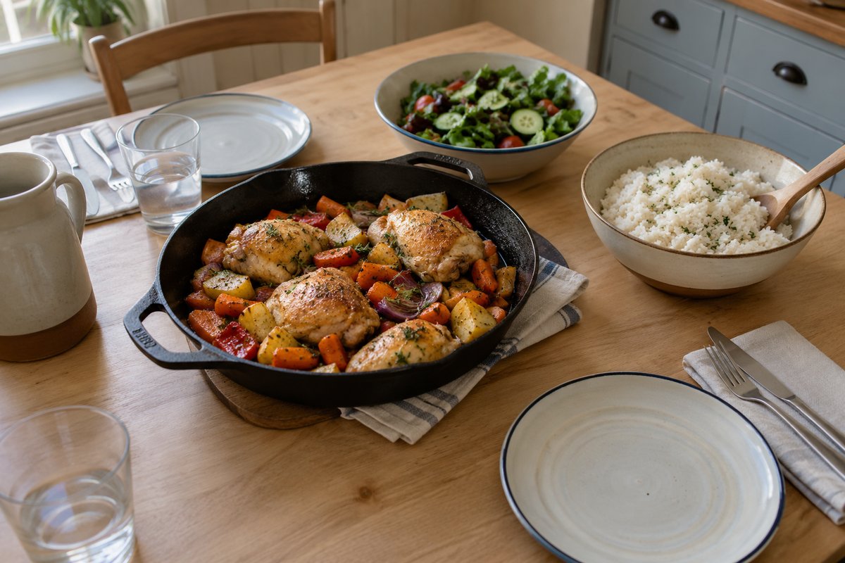 Souper de semaine servi sur une table en bois : poêlée de poulet et légumes, bol de riz et salade.