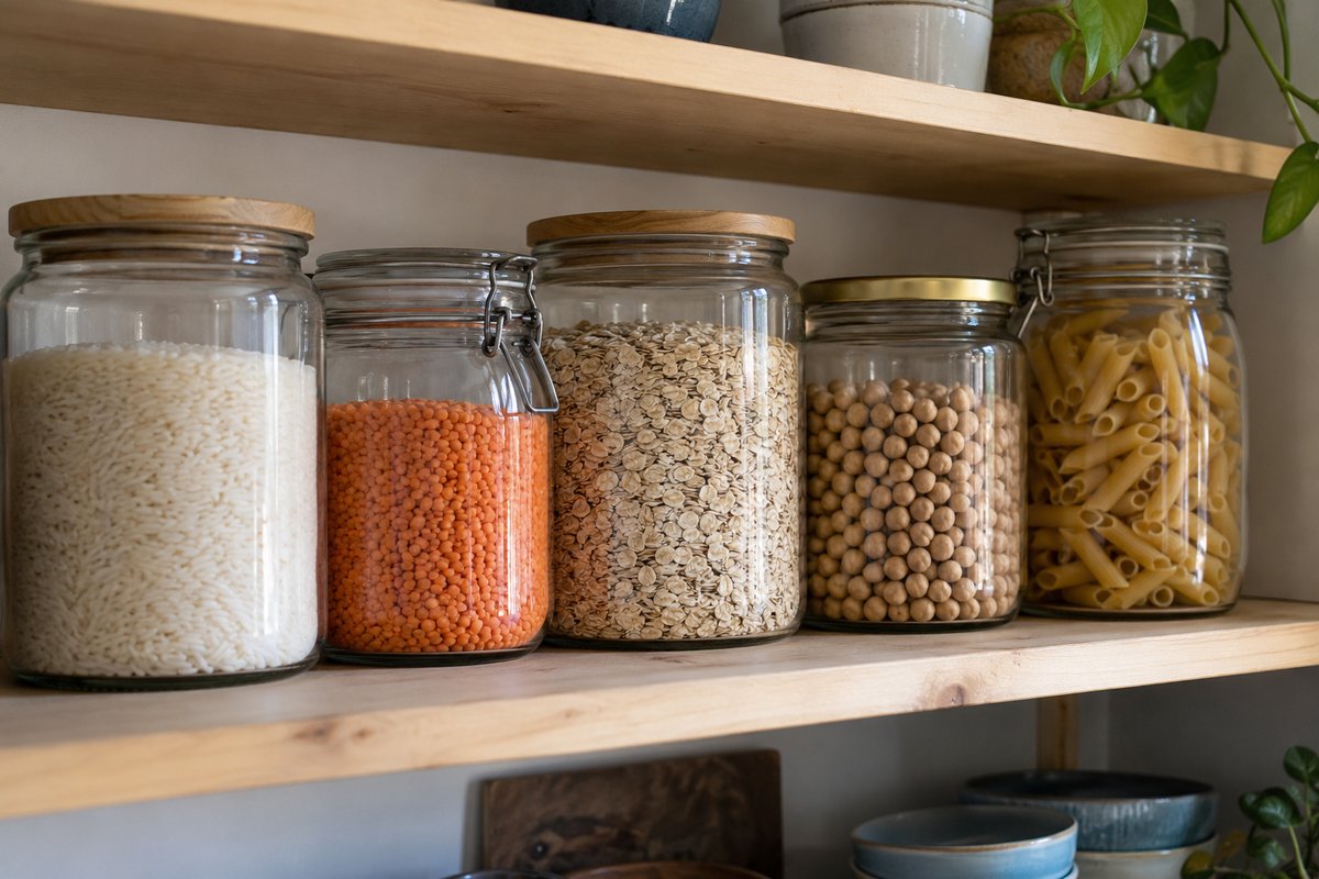 Bocaux de riz, de lentilles et de pâtes sur une tablette de garde-manger.